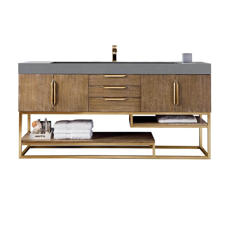 Columbia 72" Single Vanity in Latte Oak Radiant Gold With Dusk Grey Glossy Composite Stone Top