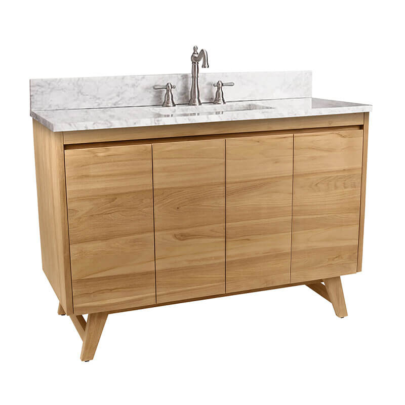 Coventry 48 inch Single Sink Teak Bathroom Vanity Natural Teak in Carrara White Marble Corner View