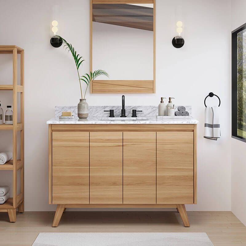 Coventry 48 Single Sink Teak Bathroom Vanity Natural Teak in Carrara White Marble Front View