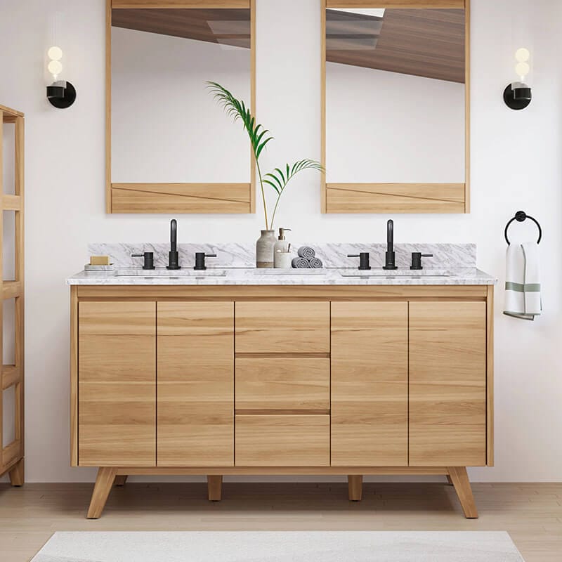 Coventry 60 Double Sink Teak Bathroom Vanity Natural Teak in Carrara White Marble Front View