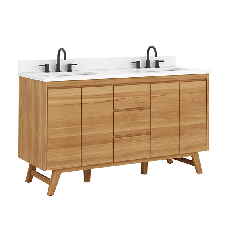 Coventry 60 inch Double Sink Teak Bathroom Vanity Natural Teak in Cala White Engineered Stone Corner View