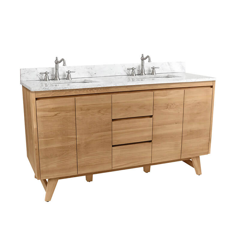 Coventry 60 inch Double Sink Teak Bathroom Vanity Natural Teak in Carrara White Marble
