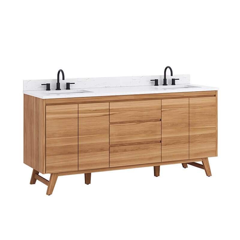 Coventry 72 Double Sink Teak Bathroom Vanity Natural Teak in Cala White Engineered Stone Corner View