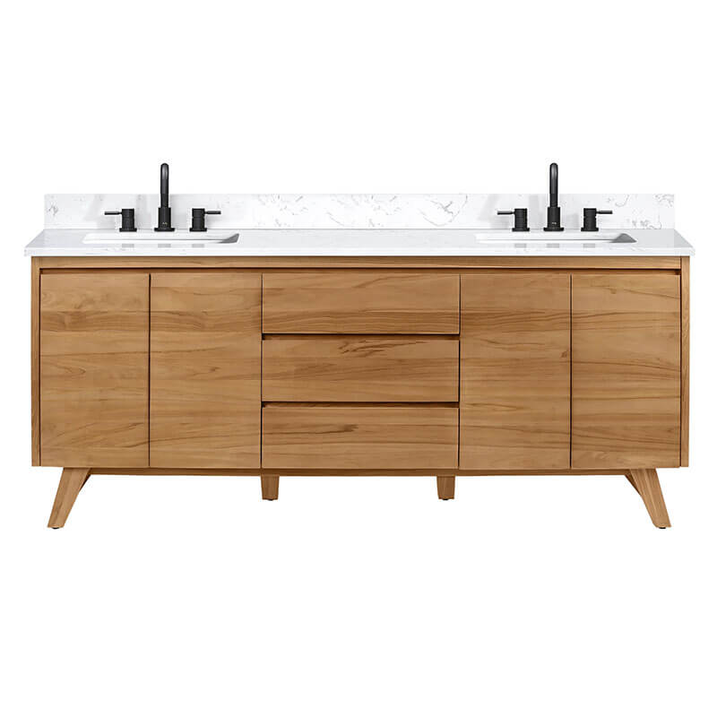 Coventry 72 Double Sink Teak Bathroom Vanity Natural Teak in Cala White Engineered Stone Front View