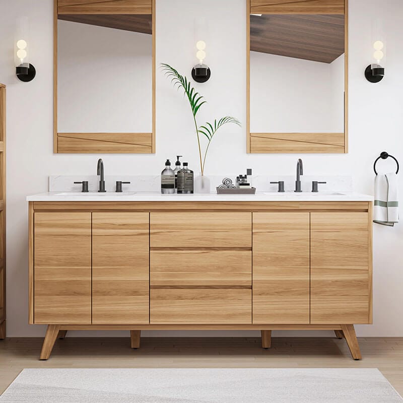 Coventry 72 inch Double Sink Teak Bathroom Vanity Natural Teak in Cala White Engineered Stone Front View