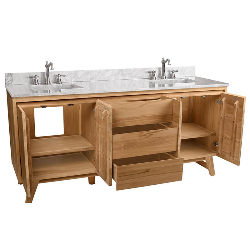 Coventry 72 inch Double Sink Teak Bathroom Vanity Natural Teak in Carrara White Marble Corner View