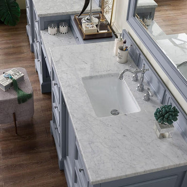 De Soto 118" Double Vanity Silver Gray With Carrara Marble Top