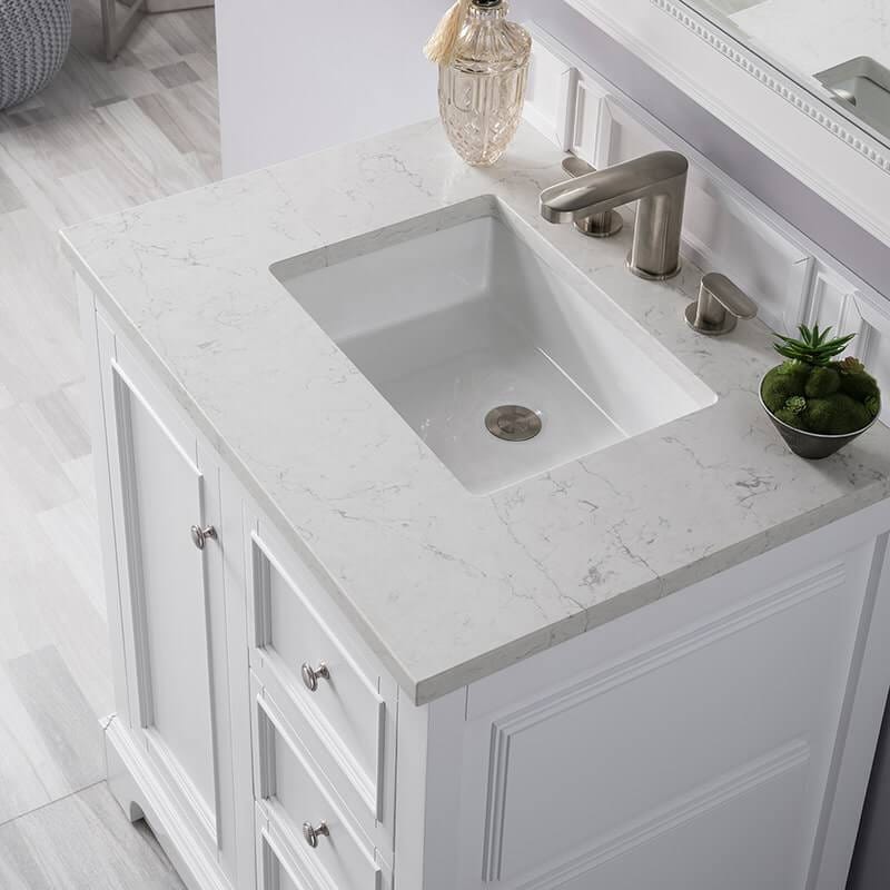 De Soto 30 Inch Single Vanity in Bright White With Eternal Jasmine Pearl Silestone Top