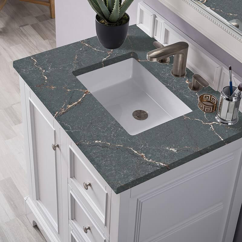 DE Soto 30 Inch Single Vanity in Bright White With Parisien Bleu Silestone Top