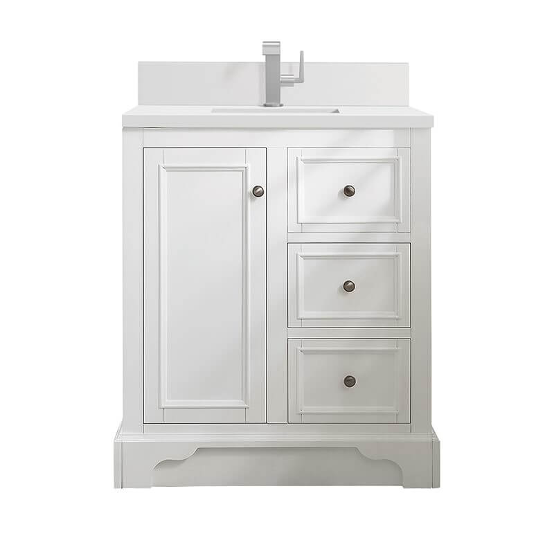 De Soto 30" Single Vanity in Bright White With Single Hole Faucet White Zeus Silestone Top Backsplash
