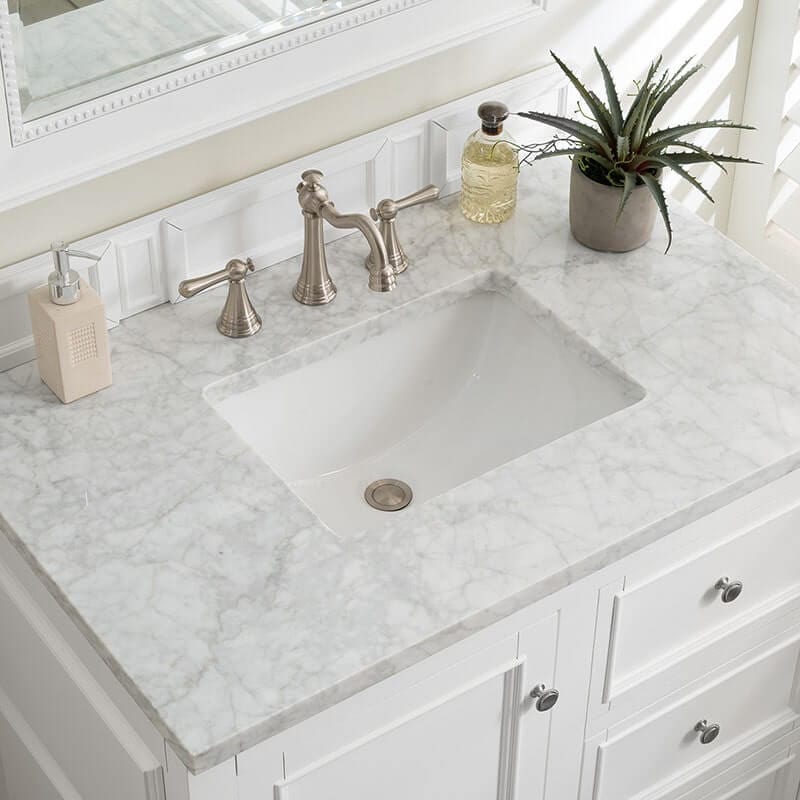 De Soto 36" Double Single Vanity Bright White With Carrara Marble Top