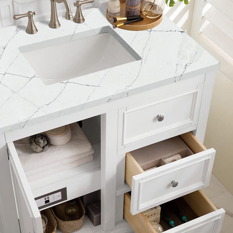 De Soto 36" Double Single Vanity Bright White With Ethereal Noctis Silestone Top