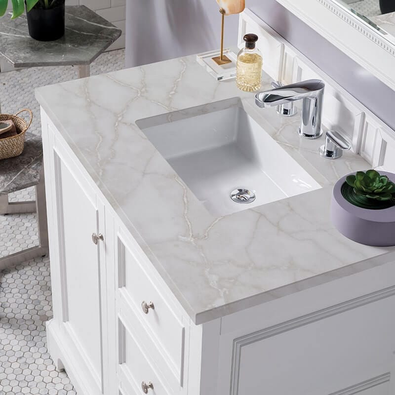 De Soto 36" Double Single Vanity Bright White With Victorian Silver Silestone Top