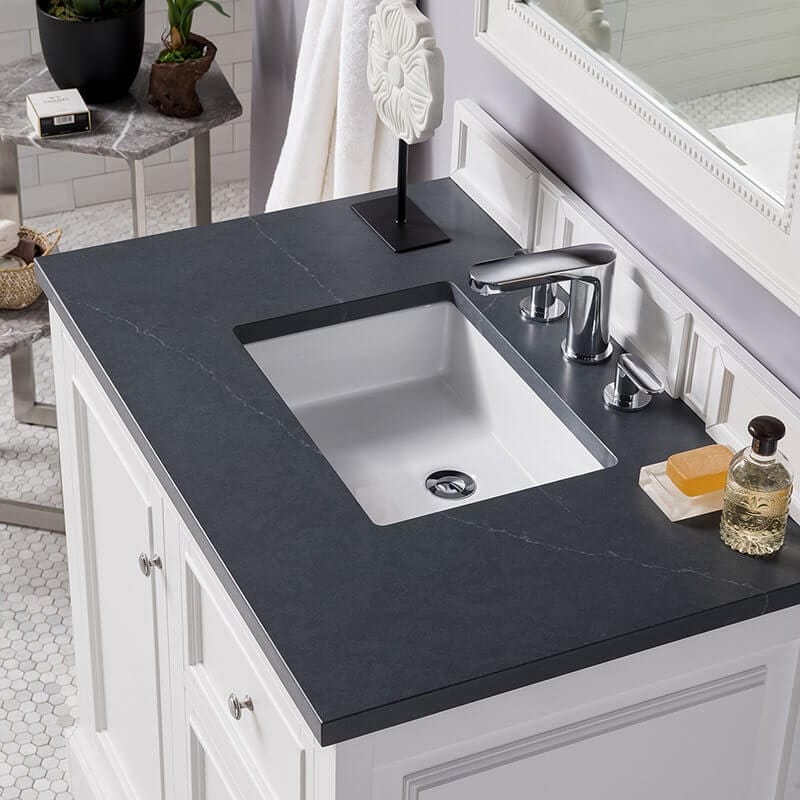 De Soto 36 Inch Single Vanity Bright White With Charcoal Soapstone Silestone Top