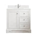 De Soto 36 Inch Single Vanity Bright Whites with Single Hole Faucet White Zeus Silestone Top Backsplash