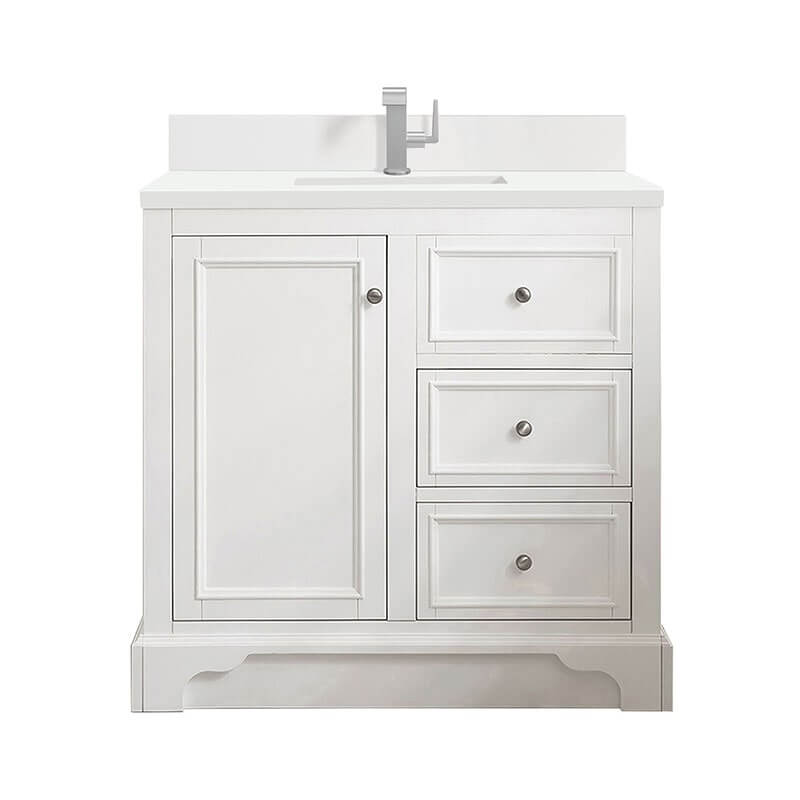 De Soto 36 Inch Single Vanity Bright Whites with Single Hole Faucet White Zeus Silestone Top Backsplash