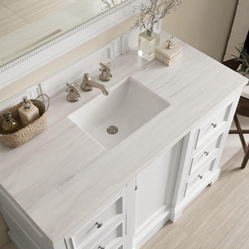 De Soto 48" Double Single Vanity Bright White With Arctic Fall Solid Surface Top