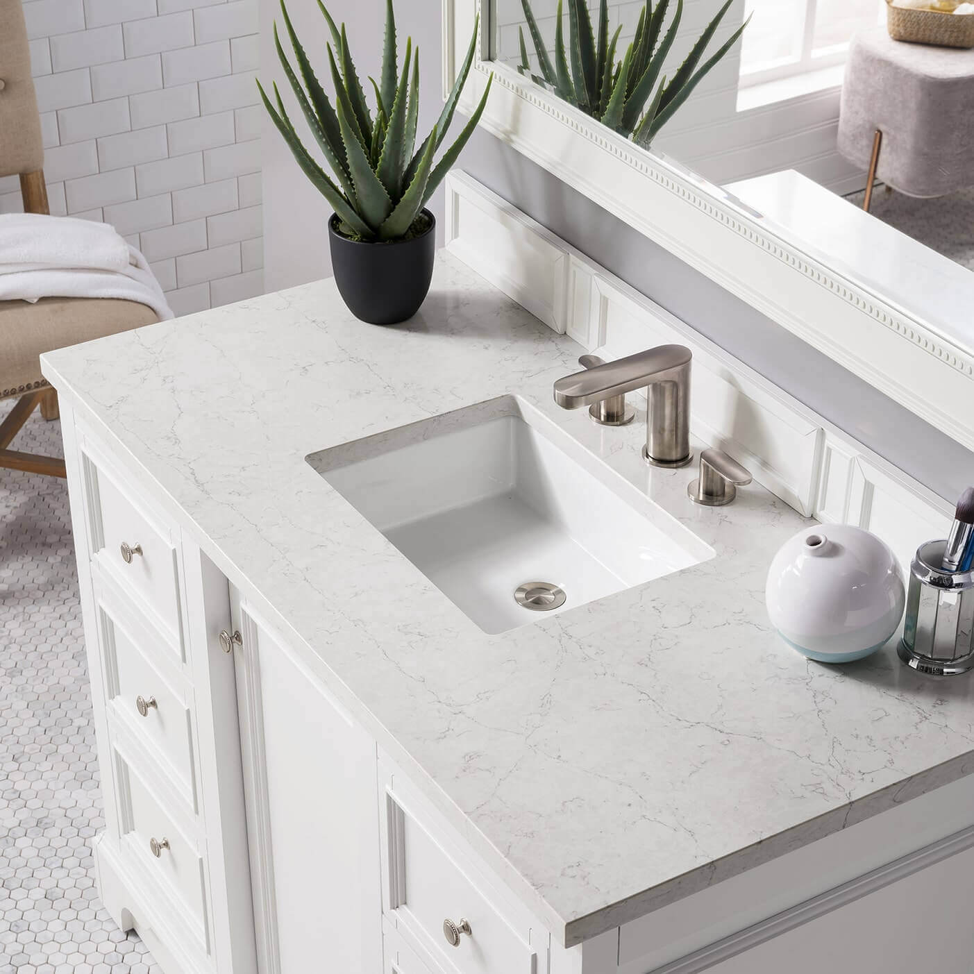De Soto 48" Double Single Vanity Bright White With Eternal Jasmine Pearl Silestone Top