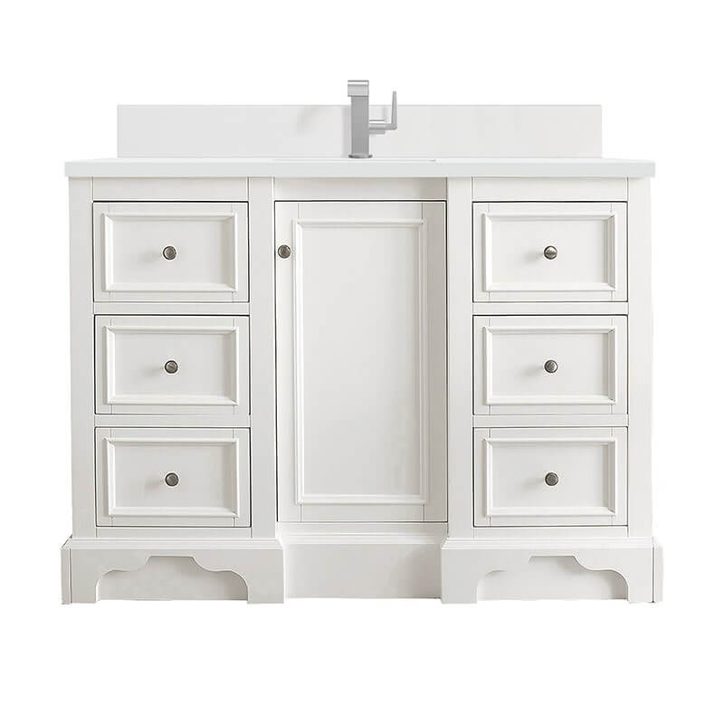 De Soto 48" Double Single Vanity Bright White With Single Hole Faucet White Zeus Silestone Top Backsplash