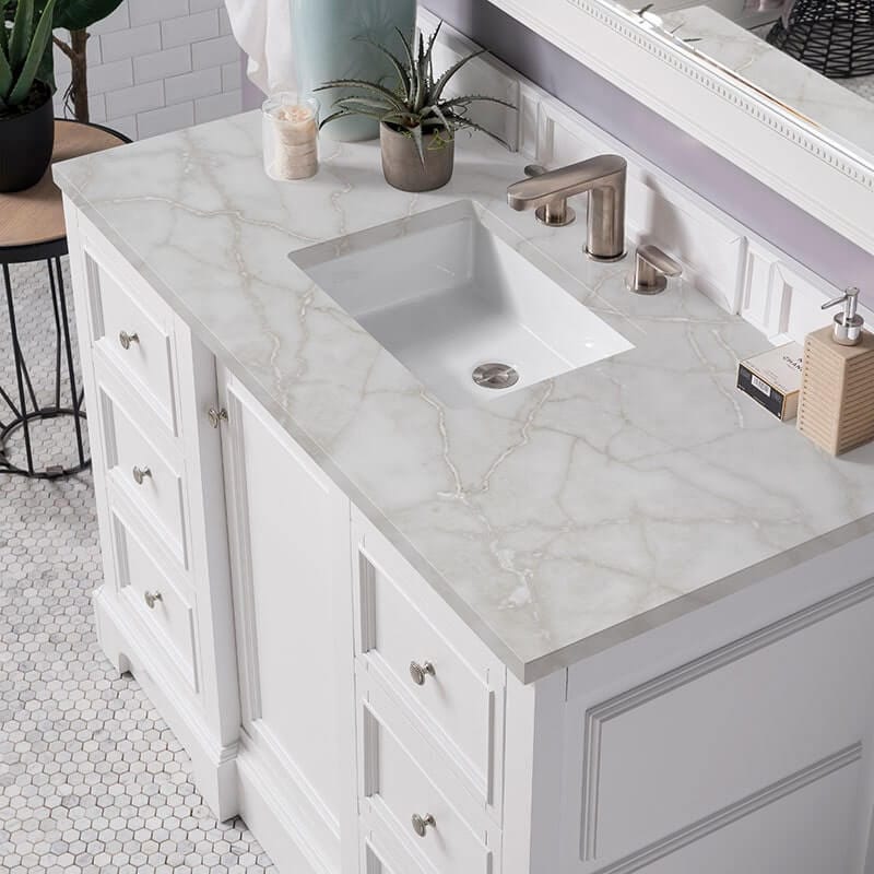 De Soto 48 Inch Single Vanity Bright White With Victorian Silver Silestone Top