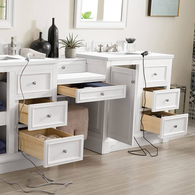De Soto 94 Inch Double Vanity Set Bright White Open Drawers