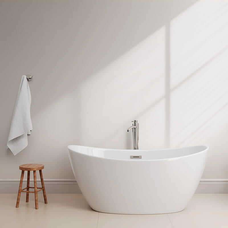 Dorrit 60" Freestanding Acrylic White Bathtub With Brushed Nickel Trim Front View Lifestyle