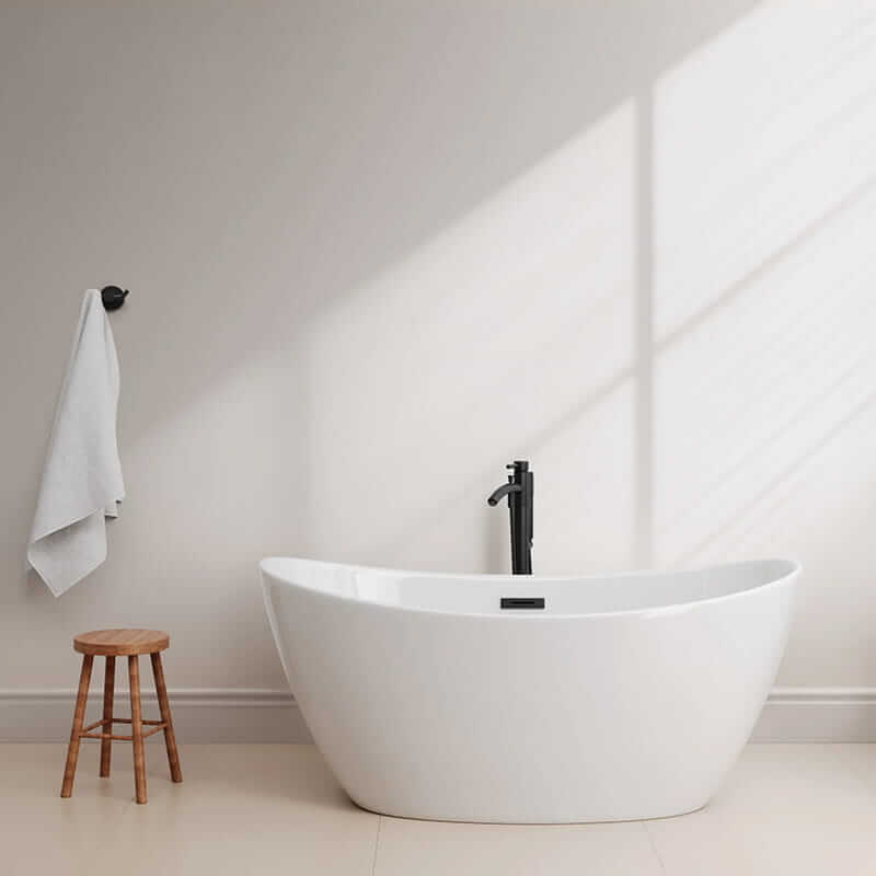 Dorrit 60" Freestanding Acrylic White Bathtub With Matte Black Trim Front View Lifestyle