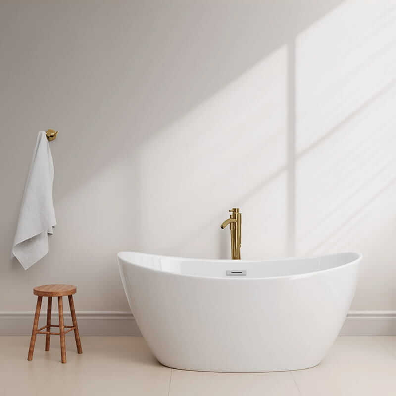 Dorrit 60" Freestanding Acrylic White Bathtub With Polished Chrome Trim and Brushed Gold Faucet Front View Lifestyle