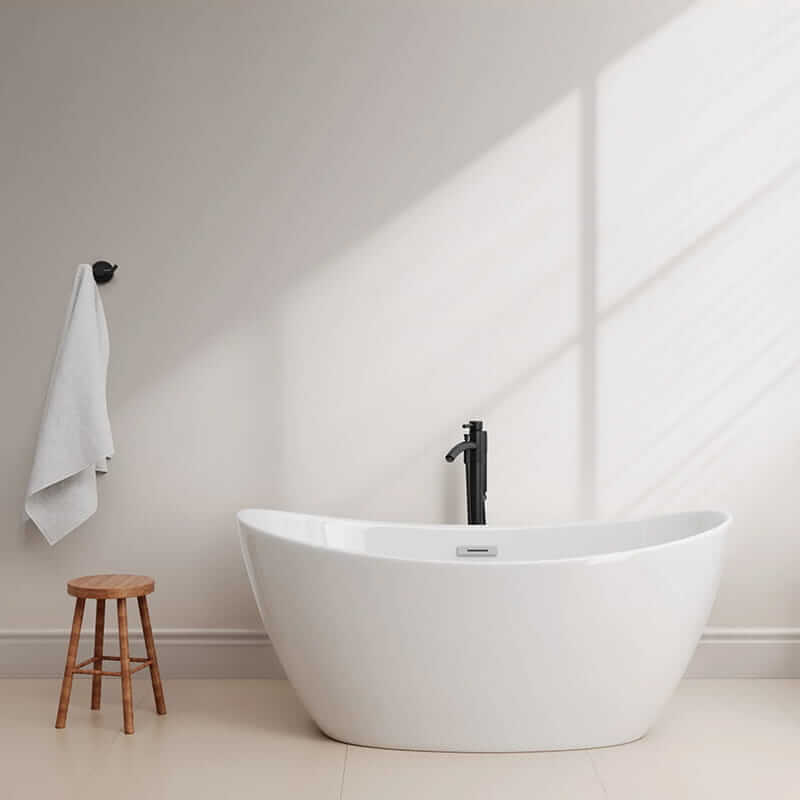 Dorrit 60" Freestanding Acrylic White Bathtub With Polished Chrome Trim and Matte Black Faucet Front View Lifestyle