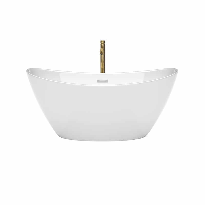 Dorrit 60 Inch Freestanding Acrylic White Bathtub With Polished Chrome Trim and Brushed Gold Faucet Front View