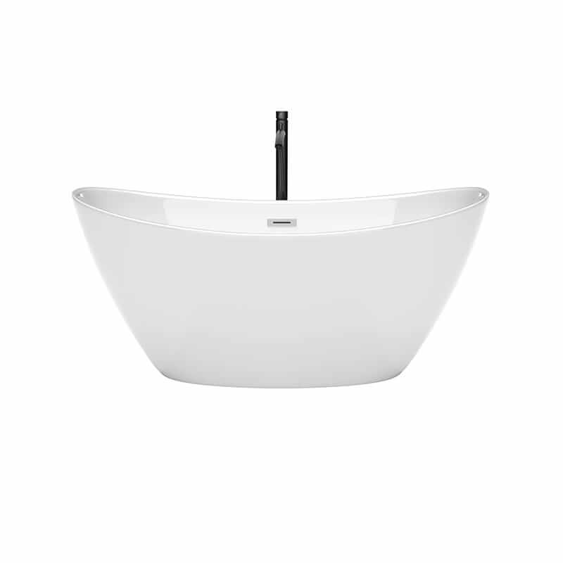 Dorrit 60 Inch Freestanding Acrylic White Bathtub With Polished Chrome Trim and Matte Black Faucet Front View