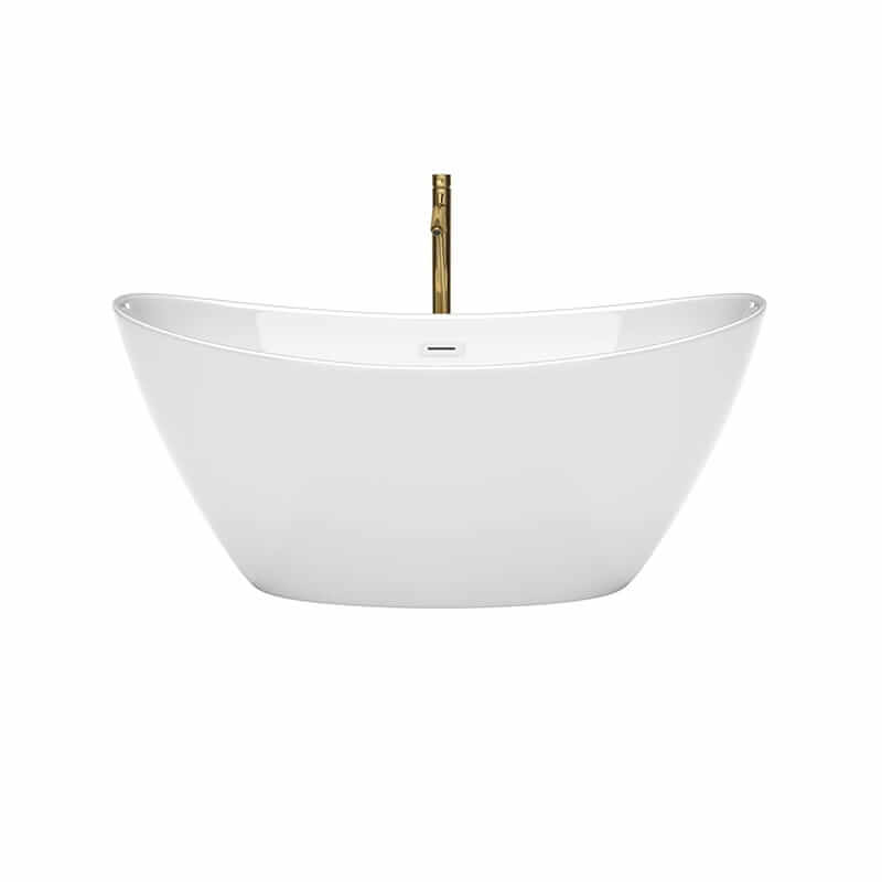 Dorrit 60 Inch Freestanding Acrylic White Bathtub With Shiny White Trim and Brushed Gold Faucet Front View