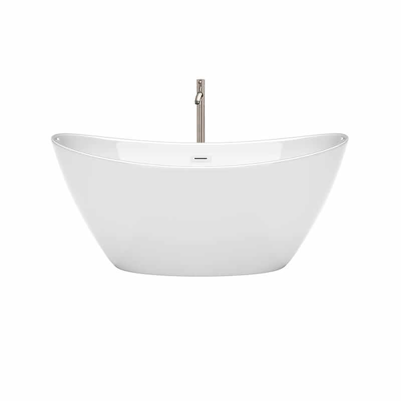 Dorrit 60 Inch Freestanding Acrylic White Bathtub With Shiny White Trim and Brushed Nickel Faucet Front View