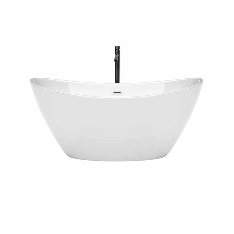 Dorrit 60 Inch Freestanding Acrylic White Bathtub With Shiny White Trim and Matte Black Faucet Front View