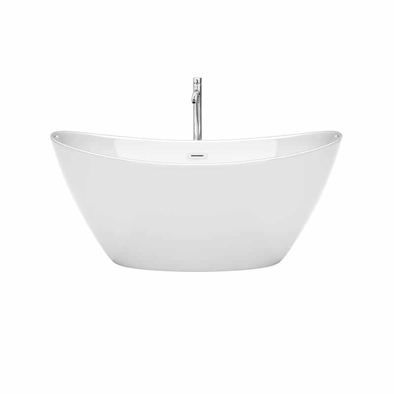Dorrit 60 Inch Freestanding Acrylic White Bathtub With Shiny White Trim and Polished Chrome Faucet Front View