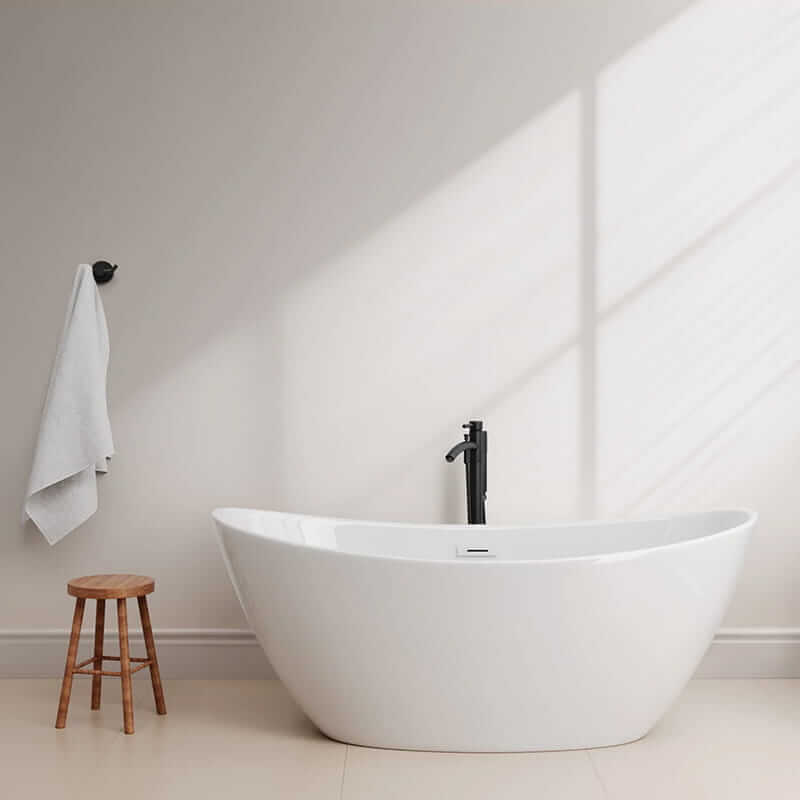 Dorrit 66" Freestanding Acrylic Bathtub White Bathtub With Shiny White Trim and Matte Black Faucet Front View Lifestyle