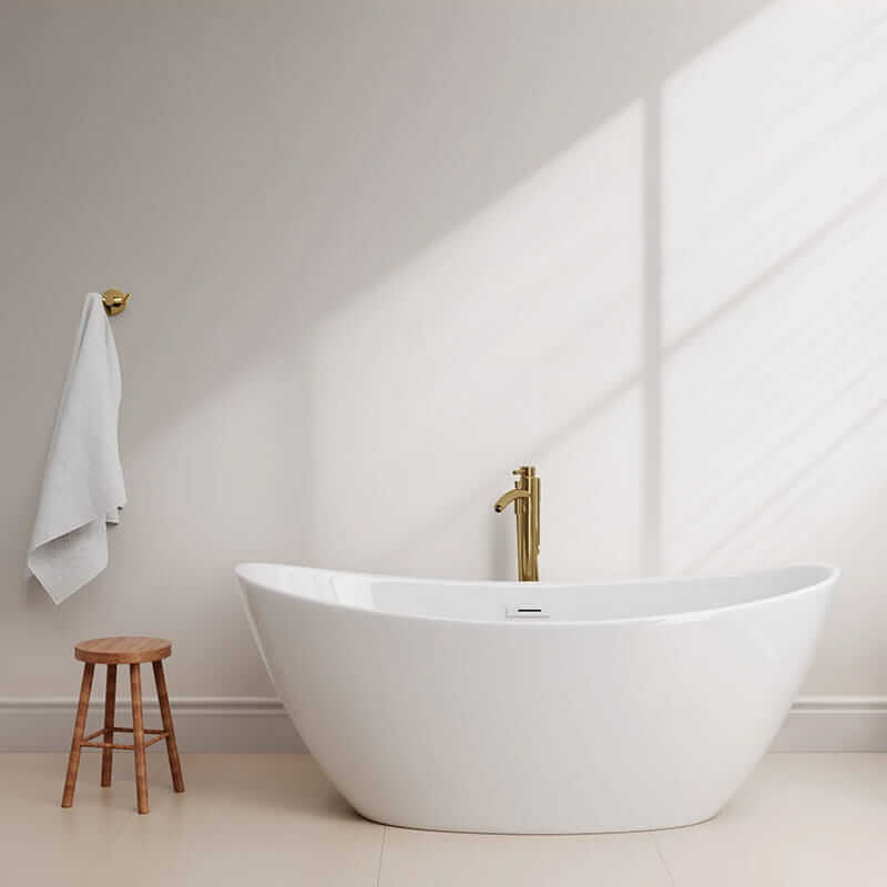 Dorrit 66" Freestanding Acrylic Bathtub With Shiny White Trim and Brushed Gold Faucet Front View Lifestyle