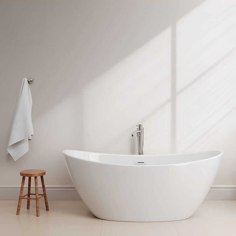 Dorrit 66" Freestanding Acrylic White Bathtub With Shiny White Trim and Brushed Nickel Faucet Front View Lifestyle