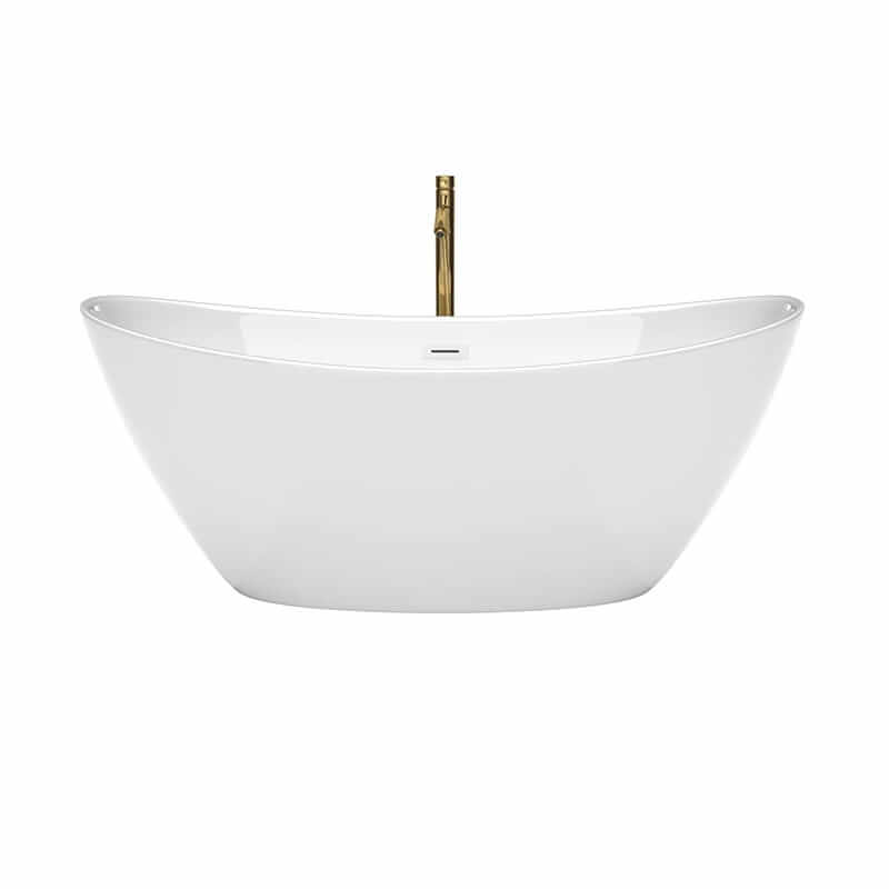 Dorrit 66 Inch Freestanding Acrylic Bathtub With Shiny White Trim and Brushed Gold Faucet Front View