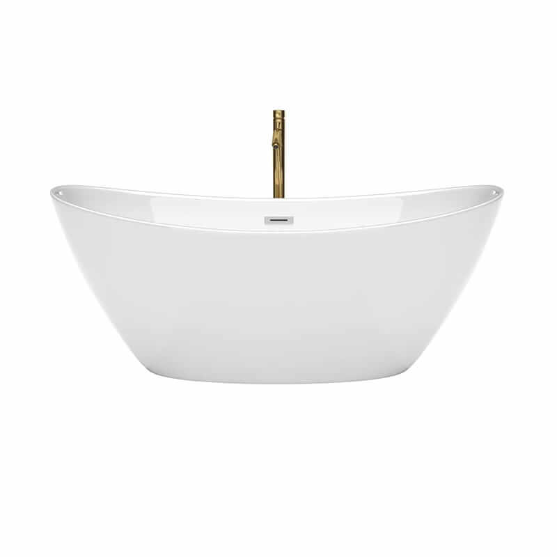 Dorrit 66 Inch Freestanding Acrylic White Bathtub With Polished Chrome Trim and Brushed Gold Faucet Front View