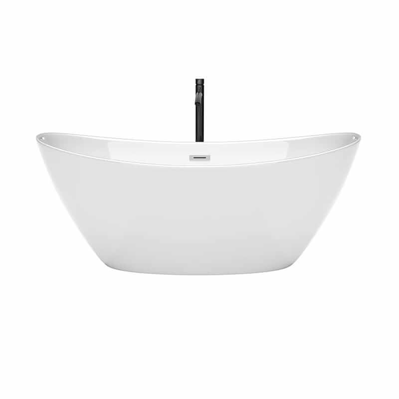 Dorrit 66 Inch Freestanding Acrylic White Bathtub With Polished Chrome Trim and Matte Black Faucet Front View