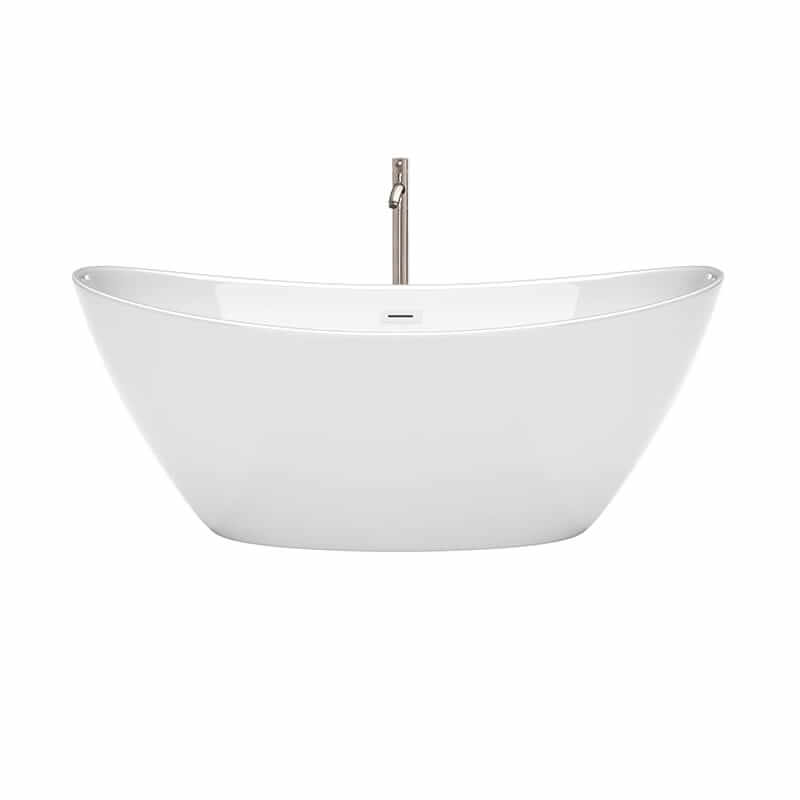 Dorrit 66 Inch Freestanding Acrylic White Bathtub With Shiny White Trim and Brushed Nickel Faucet Front View