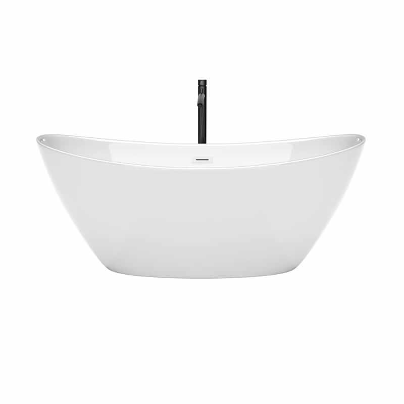 Dorrit 66 Inch Freestanding Acrylic White Bathtub With Shiny White Trim and Matte Black Faucet Front View