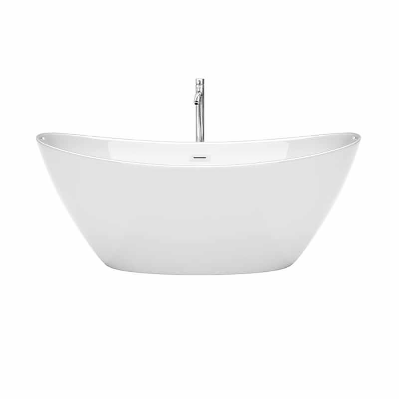 Dorrit 66 Inch Freestanding Acrylic White Bathtub With Shiny White Trim and Polished Chrome Faucet Front View