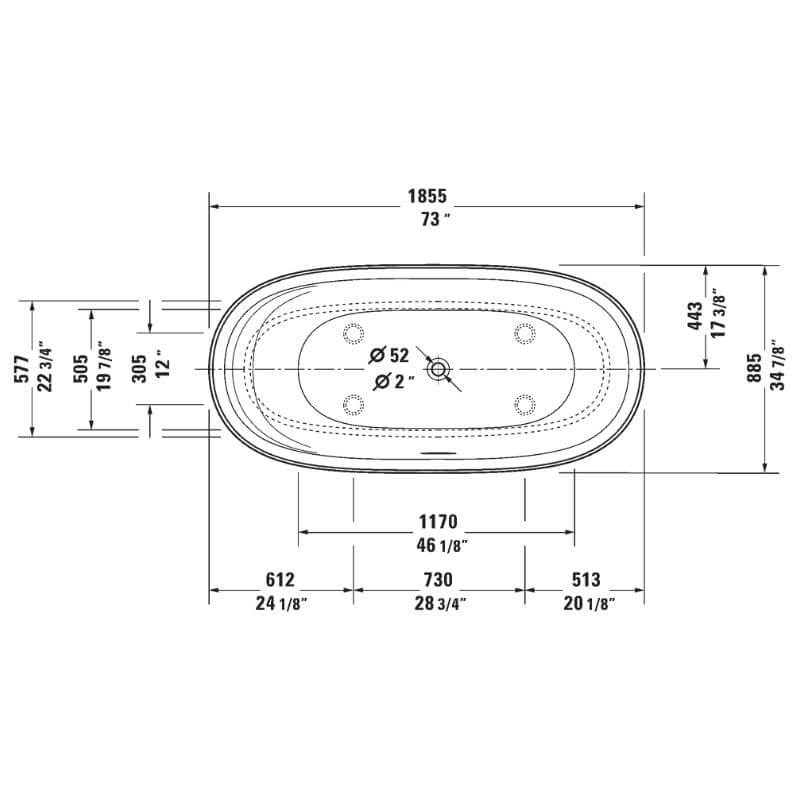 duravit cape cod bathtub top dimension