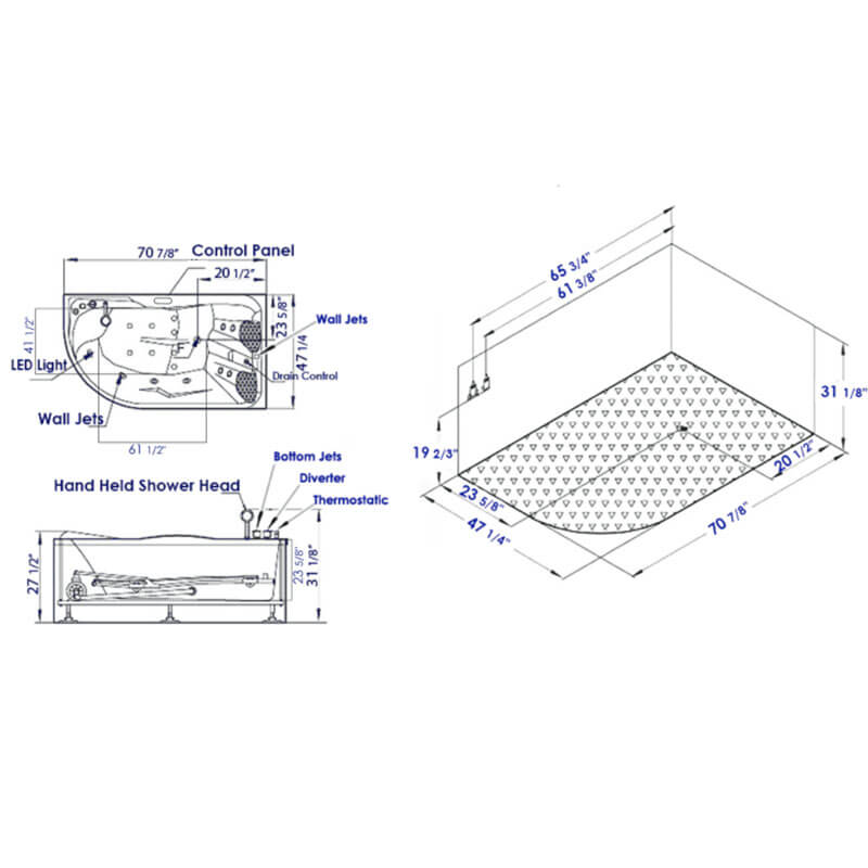 EAGO AM124ETL-L 6 ft Right Drain Corner Acrylic White Whirlpool Bathtub for Two Specifications