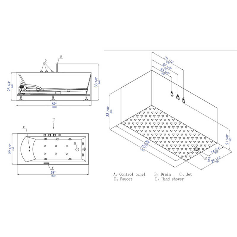 EAGO AM154ETL-R5 5 ft Acrylic White Rectangular Whirlpool Bathtub with Fixtures Technical Drawing & Dimensions