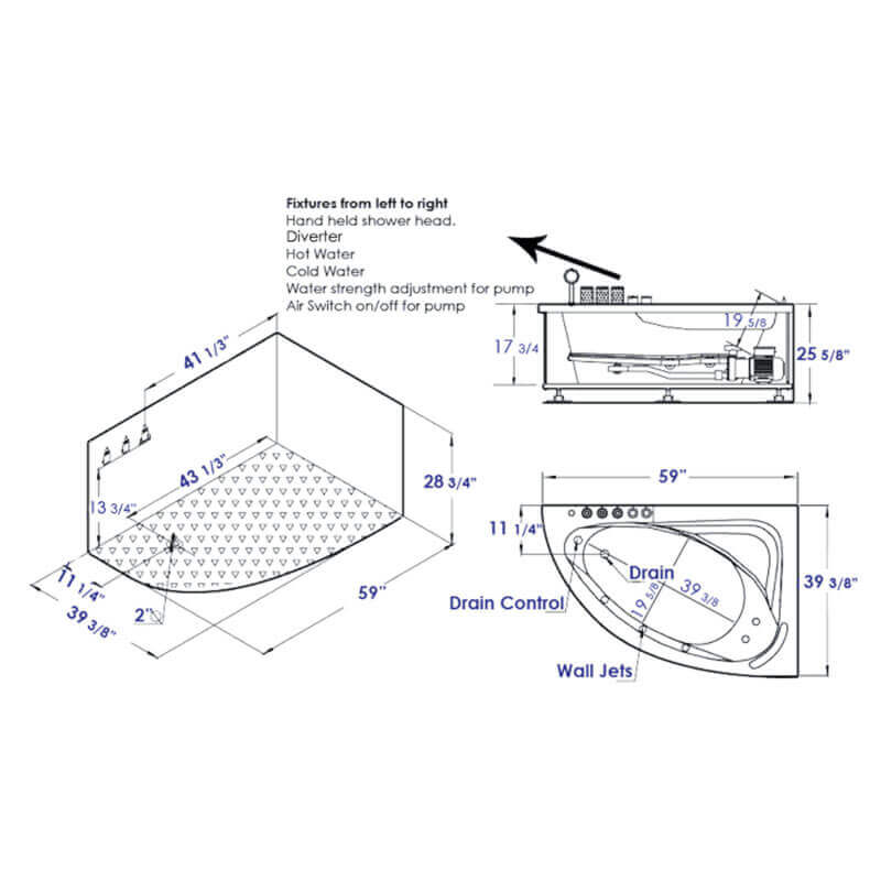 EAGO AM161-L 59 Single Person Corner White Acrylic Whirlpool Bathtub Installation Blueprint