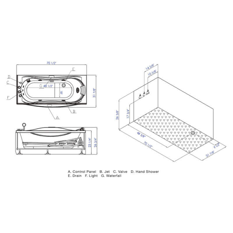 EAGO AM189ETL-L 6 ft Right Drain Acrylic White Whirlpool Bathtub with Fixtures Master Spec Sheet