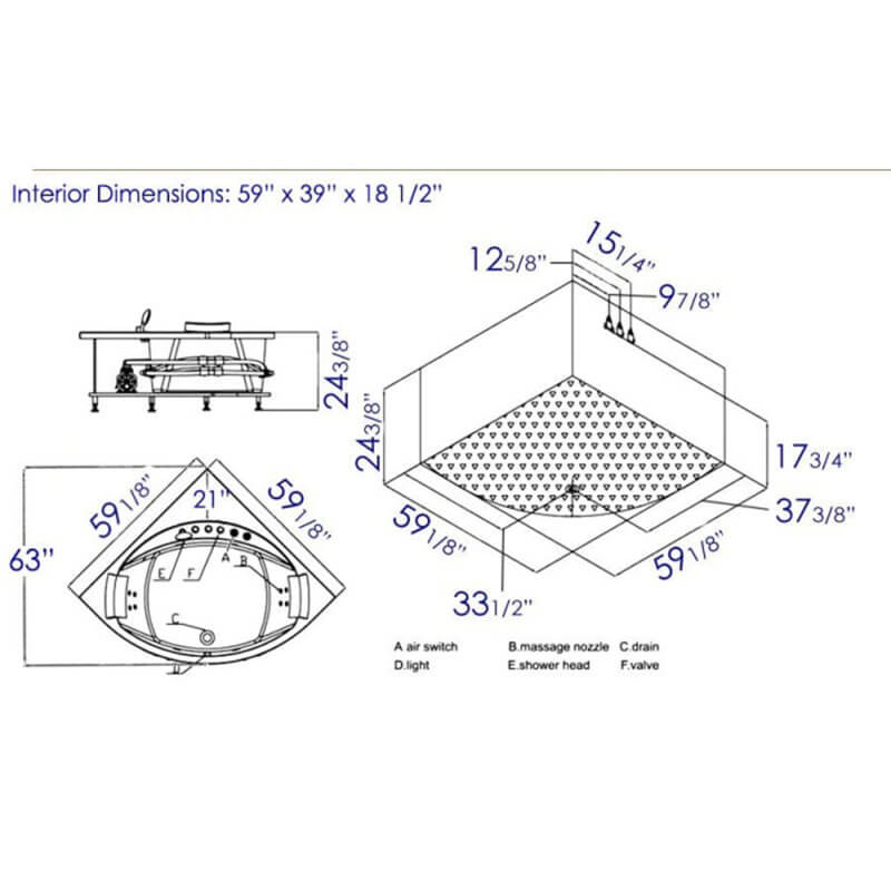 EAGO AM200 5' Rounded Modern Double Seat Corner Whirlpool Bathtub with Fixtures Specification